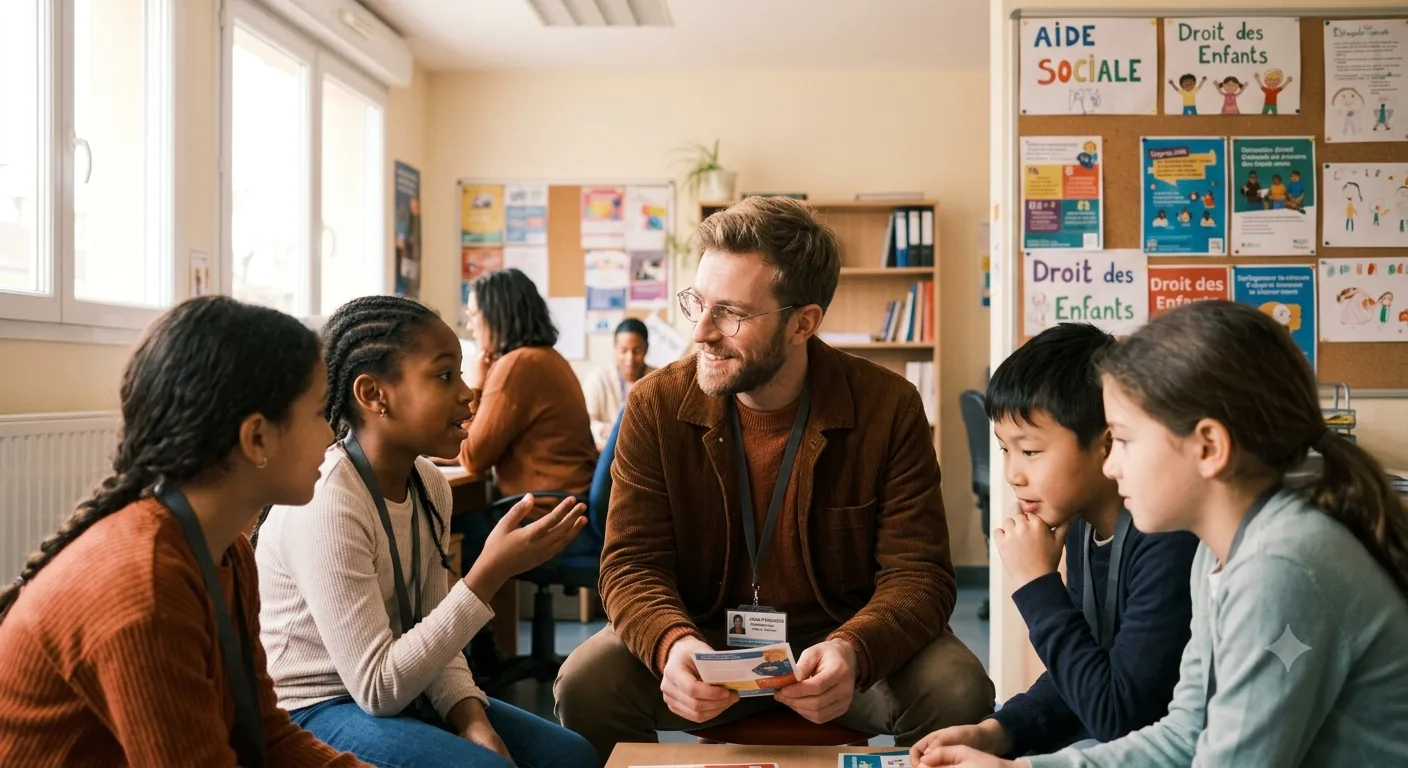 Illustration : un éducateur en atelier avec des enfants, dans une structure sociale