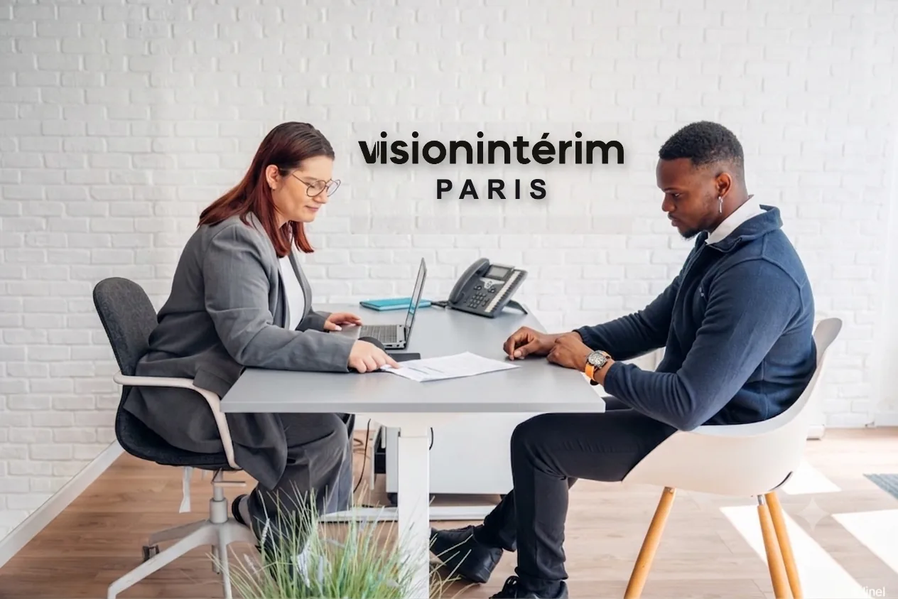 Un entretien dans l'agence Vision Intérim de Paris, le logo au mur